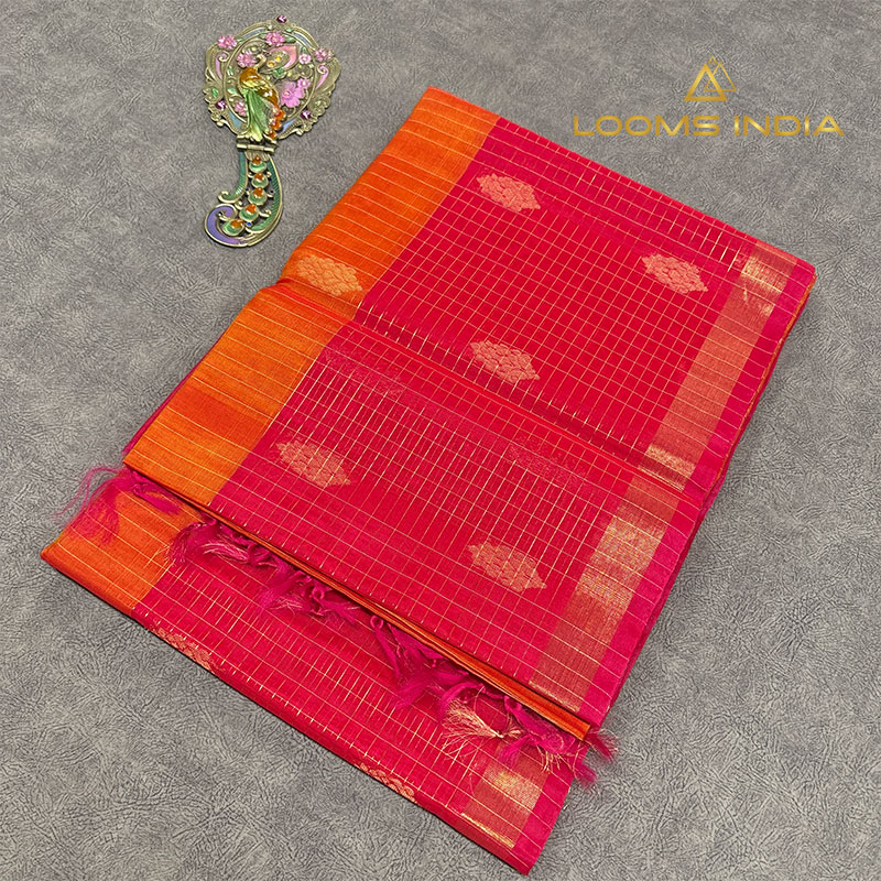 Rani Pink Pure Handloom Cotton Silk Saree with Gold Zari Checks and Orange Border