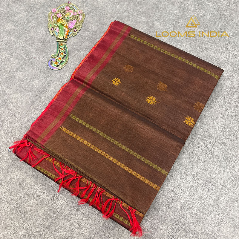 Coffee Brown Pure Handloom Cotton Silk Saree with Gold Floral Buttas and Maroon Border