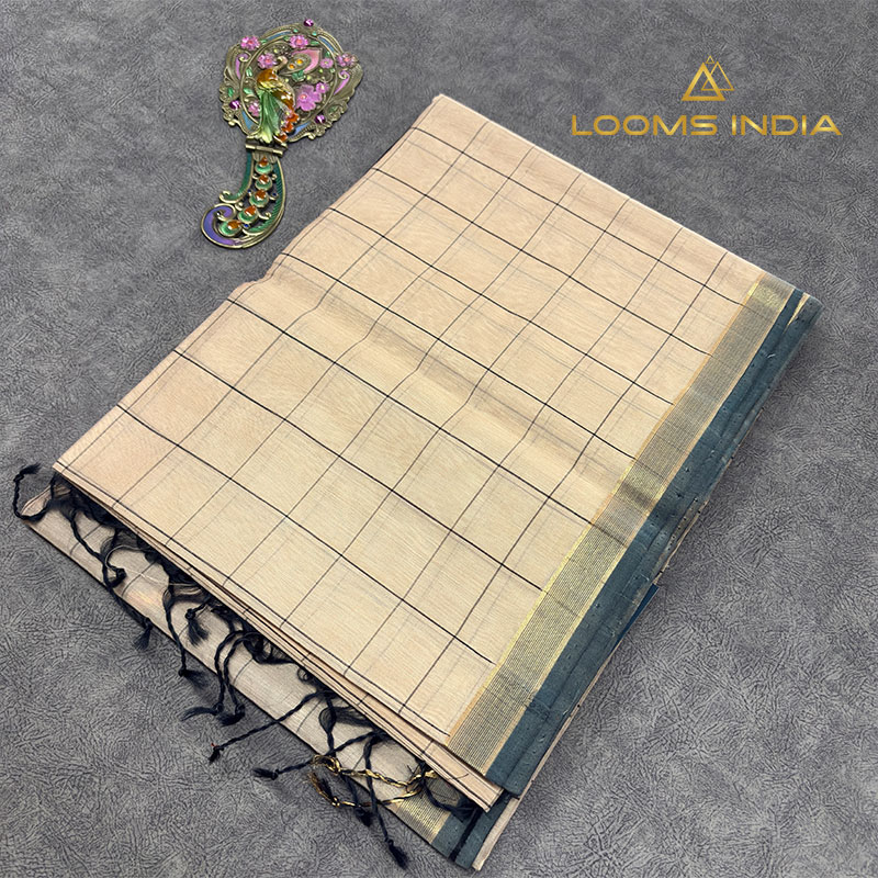Cream Pure Handloom Cotton Silk Saree with Windowpane Checks and Teal Border