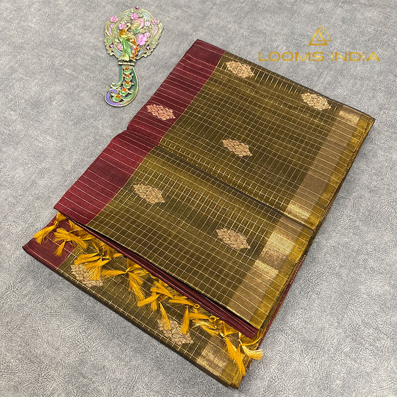 Olive Gold Pure Handloom Cotton Silk Saree with Zari Checks and Maroon Border