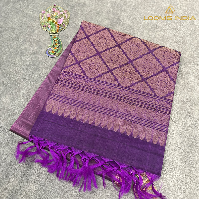 Purple Handloom Cotton Silk Saree with Golden Zari Check Weave