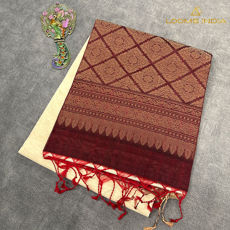Cream and Maroon Handloom Cotton Silk Saree with Floral Check Weave