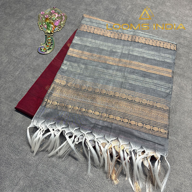 Maroon and Grey Handloom Cotton Silk Saree with Golden Zari Stripes