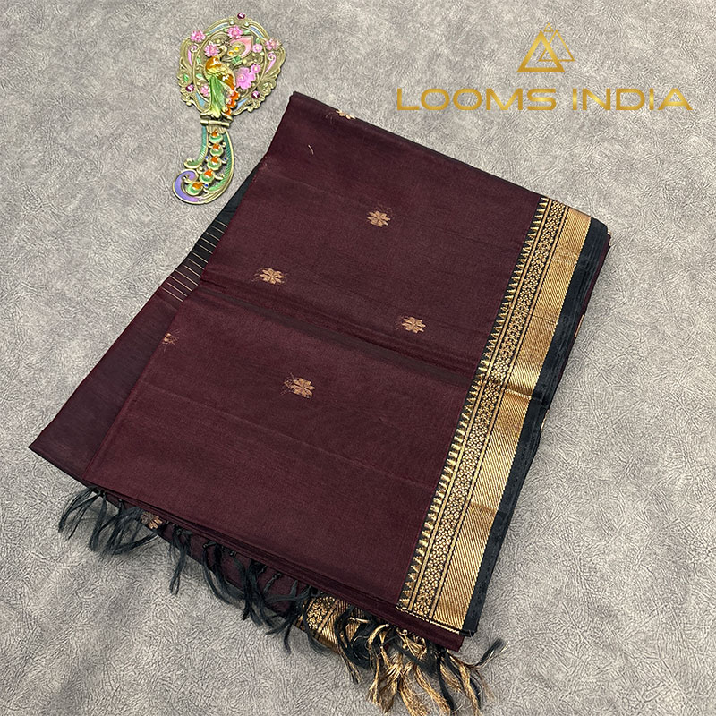 Deep Coffee Brown Pure Handloom Cotton Silk Saree with Gold Floral Buttas