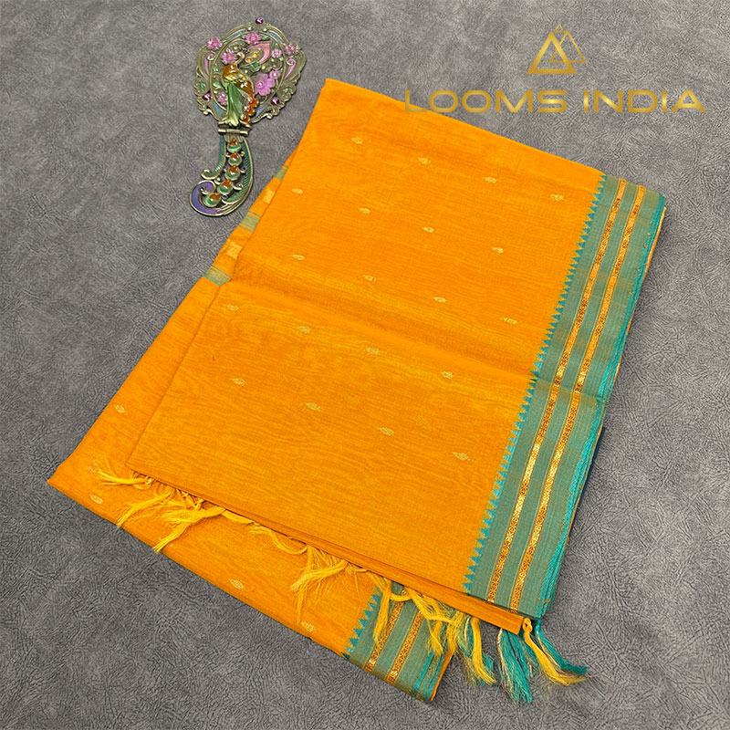 Marigold Orange Pure Handloom Cotton Silk Saree with Sea Green Zari Border