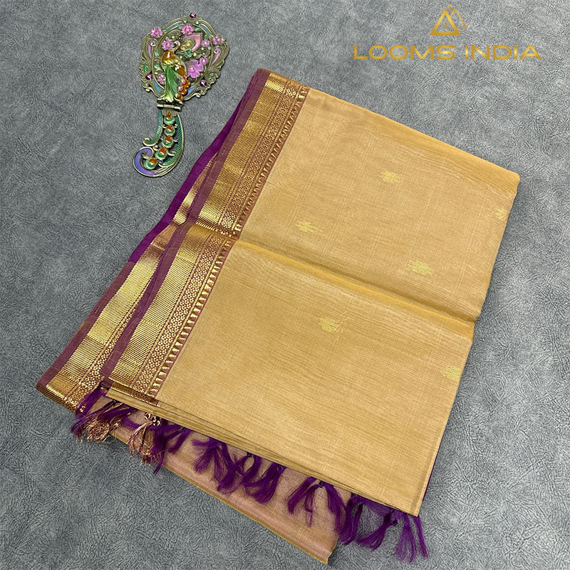 Sandal Beige Pure Handloom Cotton Silk Saree with Gold Buttas and Purple Zari Border