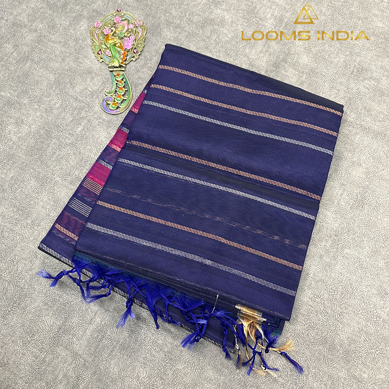 Navy Blue Pure Handloom Cotton Silk Saree with Silver and Copper Zari Stripes
