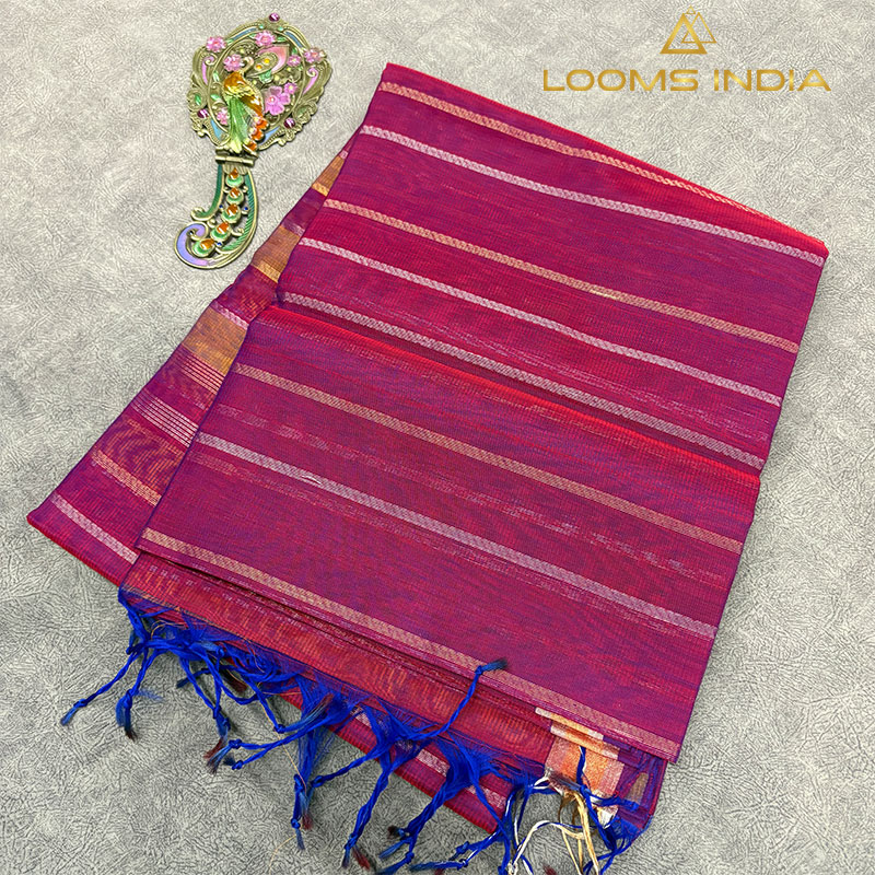 Rani Pink Pure Handloom Cotton Silk Saree with Gold and Silver Zari Stripes