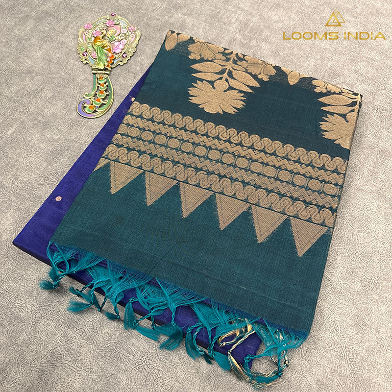 Teal and Royal Blue Handloom Cotton Silk Saree with Golden Floral Pallu