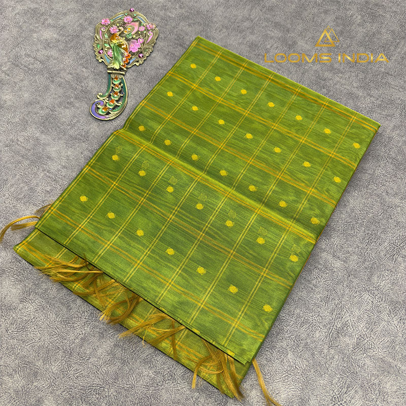 Parrot Green Pure Handloom Cotton Silk Saree with Yellow Zari Buttas and Checks