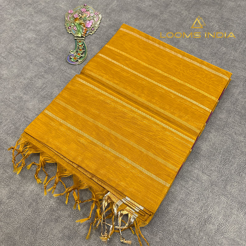Turmeric Yellow Pure Handloom Cotton Silk Saree with Gold Zari Stripes