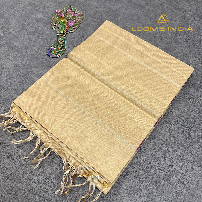 Beige Pure Handloom Cotton Silk Saree with Gold and Silver Zari Stripes