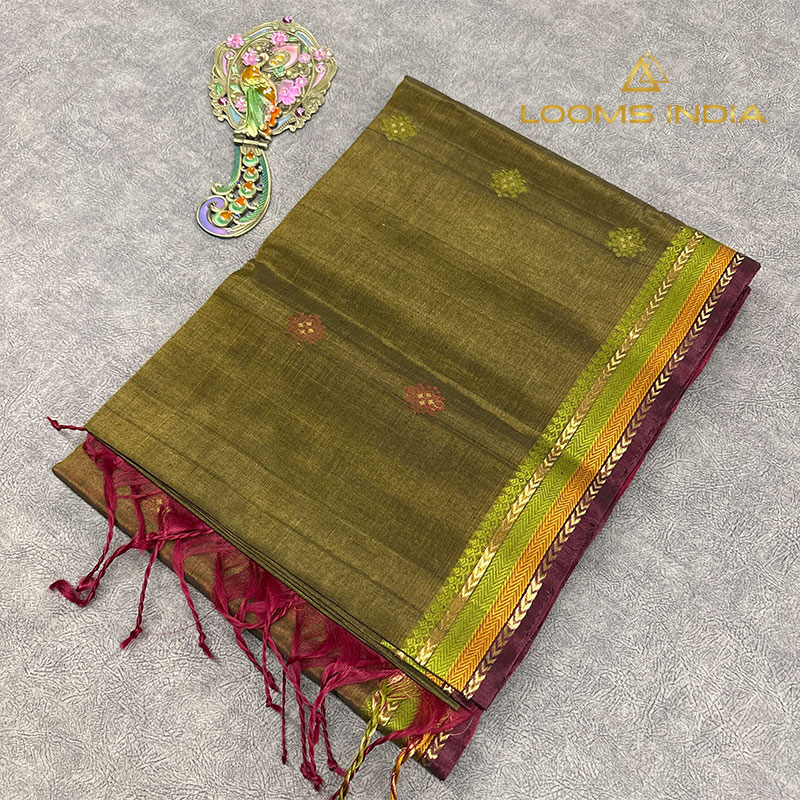 Mehendi Green Pure Handloom Cotton Silk Saree with Gold and Orange Floral Buttas