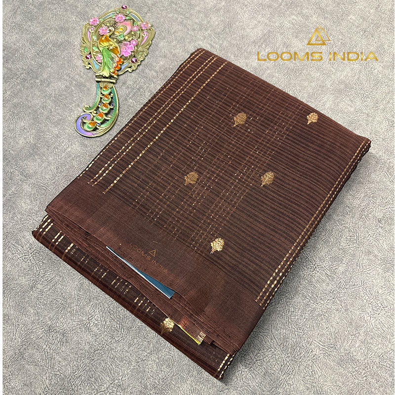 Dark Coffee Brown Pure Handloom Cotton Silk Saree with Gold Zari Stripes and Buttas
