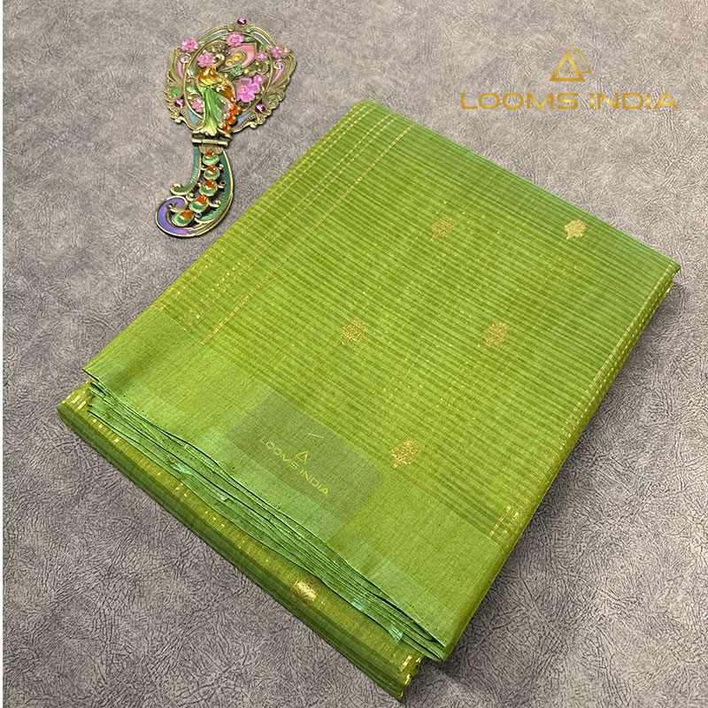 Apple Green Pure Handloom Cotton Silk Saree with Gold Zari Stripes and Buttas
