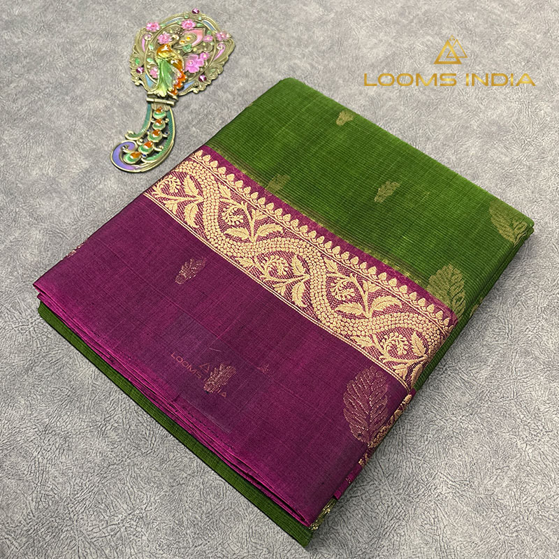 Olive Green Pure Handloom Cotton Silk Saree with Magenta Gold Brocade Border