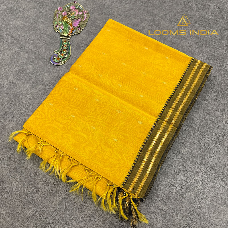 Lemon Yellow Pure Handloom Cotton Silk Saree with Gold Buttas and Olive Border