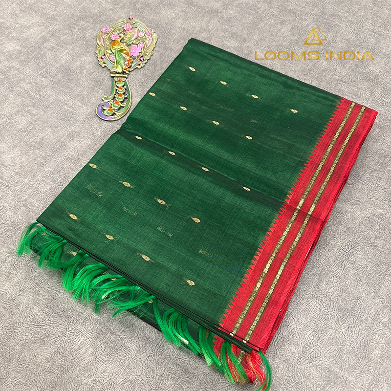 Bottle Green Pure Handloom Cotton Silk Saree with Gold Buttas and Narrow Red Border