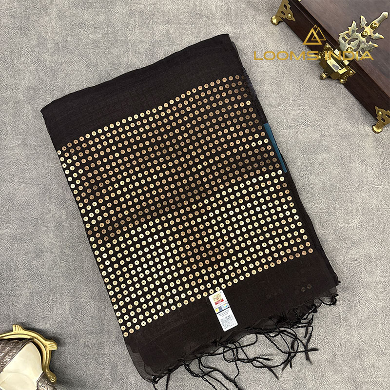 CLASSIC BLACK SILK LINEN HANDLOOM SAREE FEATURING ELEGANT SEQUIN WORK