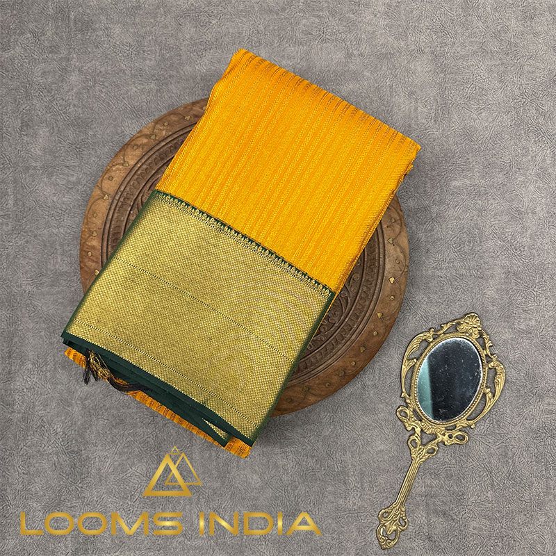 PURE HANDLOOM KANCHIPURAM SILK SAREE-MUSTARD YELLOW WITH DARK BOTTLE GREEN BORDER