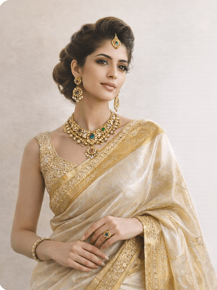 About Looms India — white and gold saree